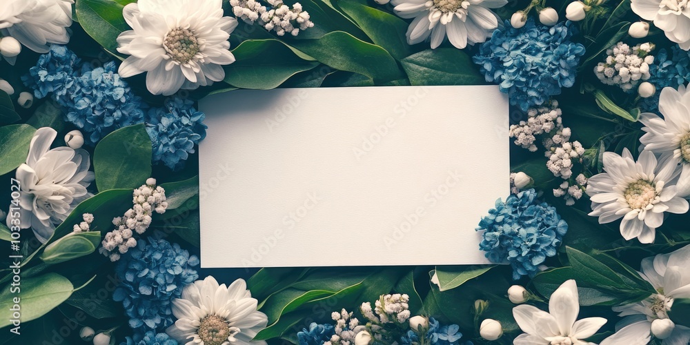 Poster natural white and blue flowers surround a rectangular white sheet of paper. this serves as a templat