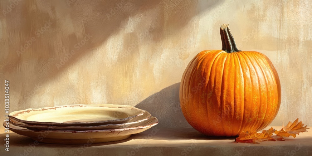 Aufkleber a complete pumpkin set against a backdrop of beige plates and a beige background featuring shadows