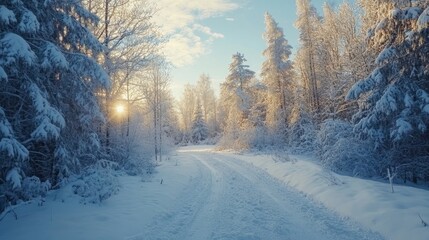 Fototapeta premium Tranquil winter forest scene showcasing snow-covered pines and glimmering icicles beneath a clear blue sky, evoking the serenity and beauty of a cold winter day in nature