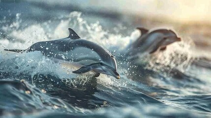 Fototapeta premium Two dolphins in ocean splashing water on a beautiful sunset.