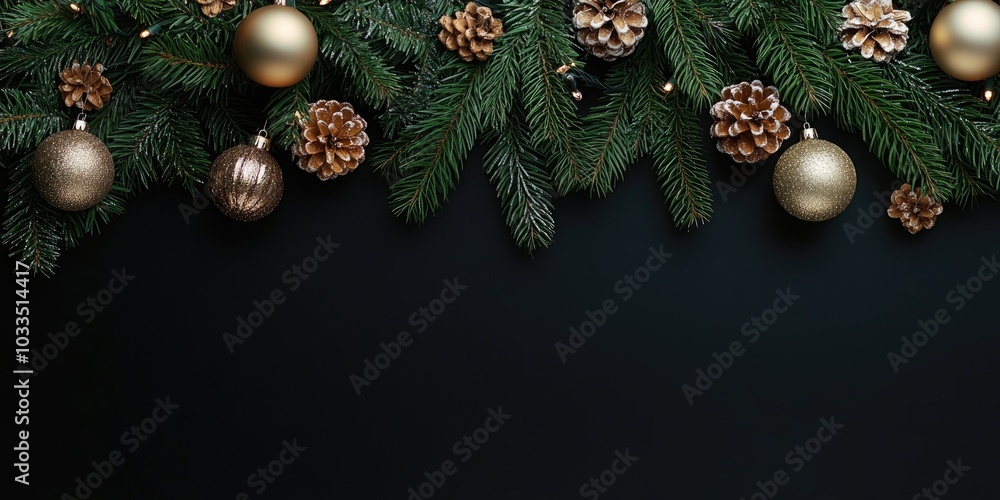 Aufkleber a decorative branch of a christmas tree adorned with new year's ornaments and a garland against a bl