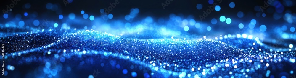 Poster abstract blue background with bokeh lights and flowing particles.