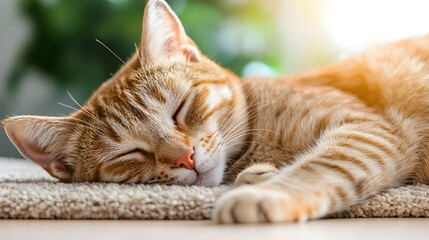 Fototapeta premium Peaceful and Serene Cat Resting Comfortably on Soft Rug Bathed in Warm Sunlight as Part of Relaxing Home Decor