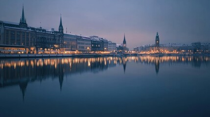 Naklejka premium Winter scene in hamburg, germany - illuminated city architecture reflecting in the tranquil waters of binnenalster lake at dusk, showcasing historic buildings and lights against a crisp winter sky