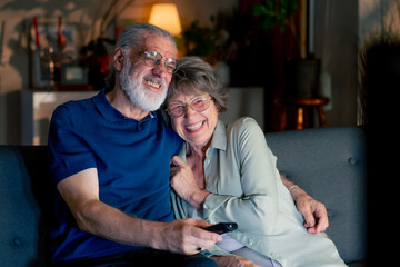 close up a bright living room with sofa grandma and grandpa watching tv switching channels leisure of elderly people happy couple