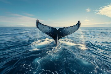 Fototapeta premium A captivating view of a whale's tail rising above the ocean surface, showcasing the beauty of marine life. This image captures the majestic presence of whales in their natural habitat.