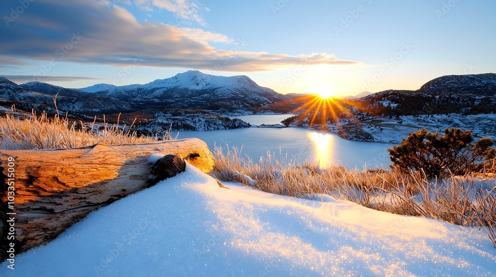 Poster a breathtaking view of a snow capped mountain range with the peaks and slopes bathed in the warm gol