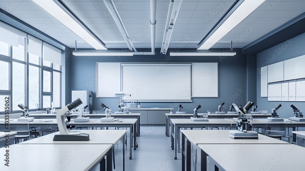 Poster empty science classroom with microscopes and whiteboards.