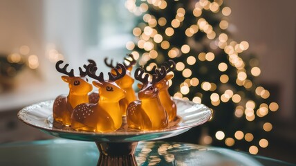 Jelly reindeer on a cake stand with chocolate cones are on the table. Festive dessert for the New Year holidays