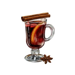 Grintwein, a warm wine drink with cinnamon and star anise. High quality illustration. Watercolor drawing on a white background. For cozy evenings, menus of cafes, showcases. Winter, autumn drink 