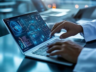 2408 36.A close-up of a doctor&acirc;&euro;&trade;s hands as they navigate a digital tablet while working on a laptop in a modern clinic office. The doctor is reviewing medical data on the tablet and cross-referencing