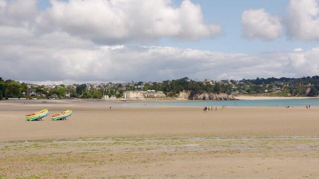 People On The White Sand Seaside Resort Of Morgat In Finistere, Brittany (Bretagne), France.