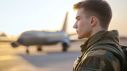 Military man in uniform standing on airfield against background of military plane