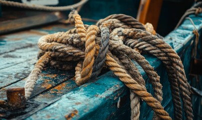 Fototapeta premium Old weathered rope on a wooden boat.