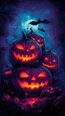 Fototapeta premium Spooky Halloween scene with glowing jack-o'-lanterns and bats in a dark, mystical setting.