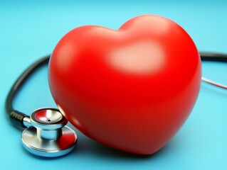 2408 83.A close-up image of a red heart-shaped exercise ball resting on a blue surface, with a doctor&acirc;&euro;&trade;s stethoscope positioned carefully over it. The stethoscope symbolizes medical examination and
