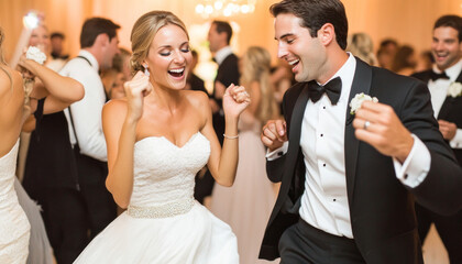 Bride and groom smiling and dancing at wedding reception
