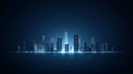 Futuristic city skyline with glowing buildings under a dark blue sky.