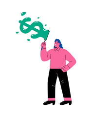 Business woman blowing bubbles with dollar sign money into the air. Flat vector illustration isolated on white background