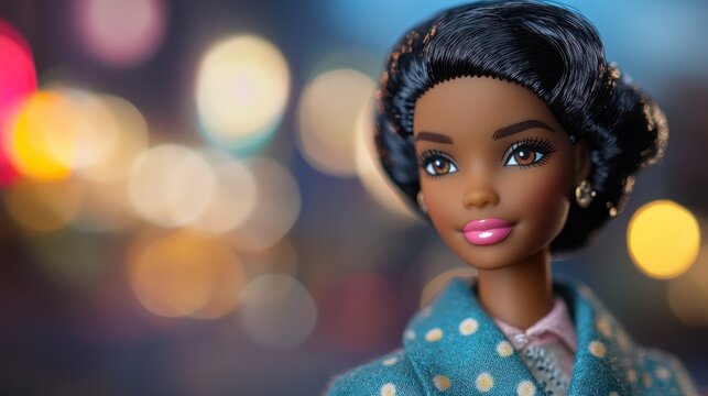 Close-up portrait of a Black fashion doll with a blue polka dot blazer and pink lipstick, against a blurred background of warm lights.
