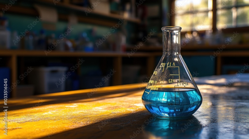 Poster a single flask filled with a blue liquid sits on a wooden table in a lab setting.