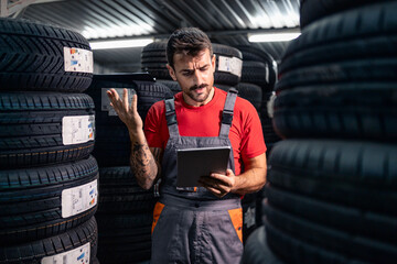 Warehouse storage worker checking inventory of new car tires for sale.