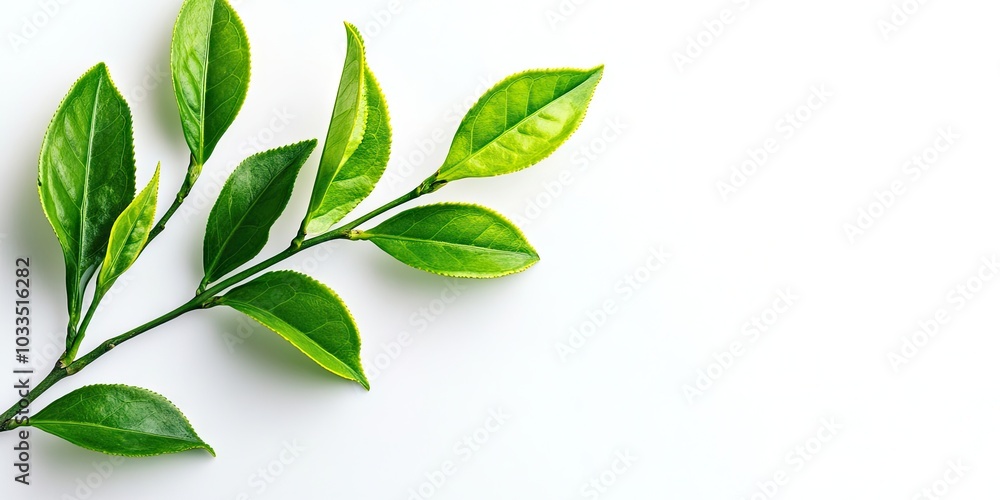 Poster close-up view of a leafy branch with fresh green tea leaves isolated on a white background. these we