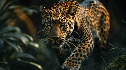 Obraz premium A majestic jaguar, its eyes gleaming with intensity, strides through a dense jungle on the hunt.
