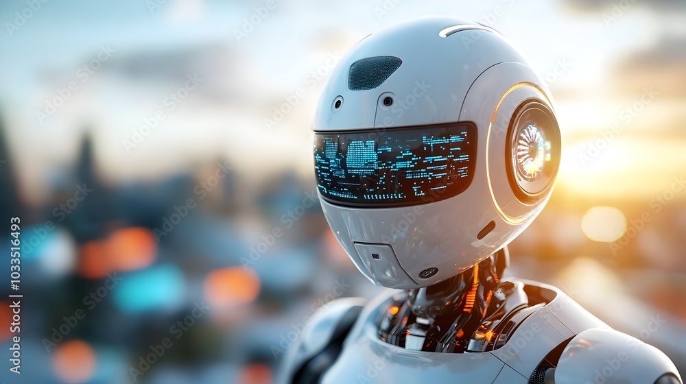 Poster a futuristic robot navigates through a dynamic high tech city skyline filled with glowing neon signs
