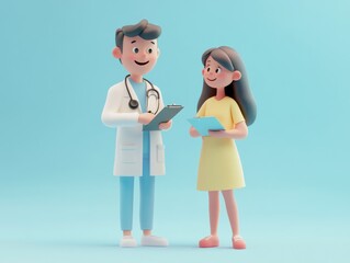 2408 66.A 3D render of a doctor and patient character standing together in a clinical setting, isolated on a light blue background. The doctor holds a clipboard and smiles, while the patient listens