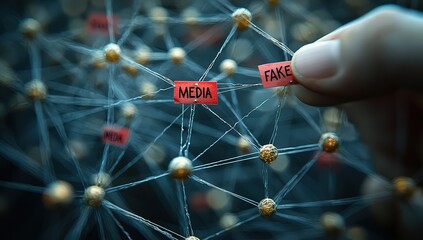 Intricate web made from strings and paper tags with the words "FAKE MEDIA" written on them that symbolize fake news in digital media