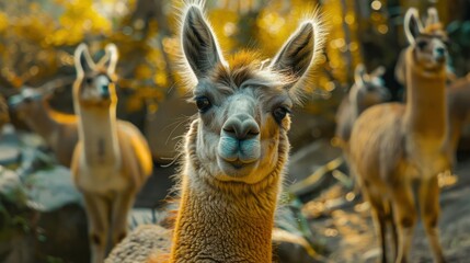 Obraz premium A smiling alpaca looking at the camera in front of wildflowers.