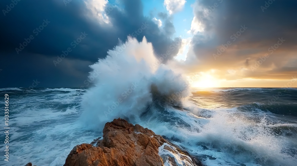Poster dramatic image of powerful ocean waves crashing and surging against large jagged rocks during a stor