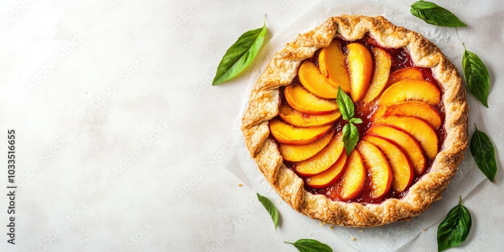 Poster appetite summer peach galette on a white table with copyspace. summer open tart image for a cookbook