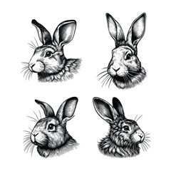 set of hand drawn rabbit head illustration. black and white rabbit vector sketch illustration