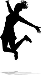 A happy woman jumping for joy in mid air silhouette person concept