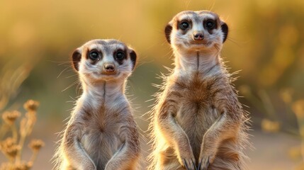 Cute photo of two baby meerkats, with an adorable expression and a sunset backdrop.