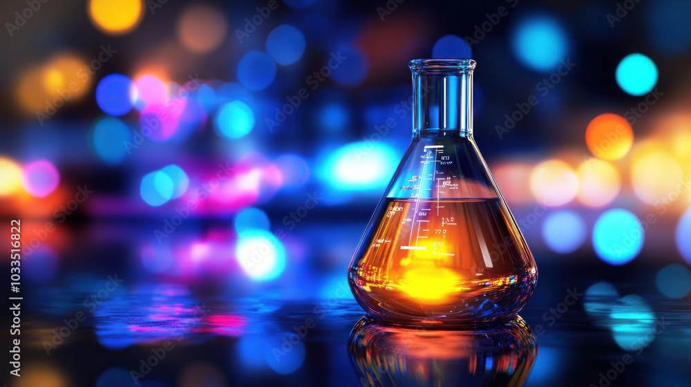 Poster a single glass flask filled with a yellow liquid stands on a black surface with colorful bokeh light