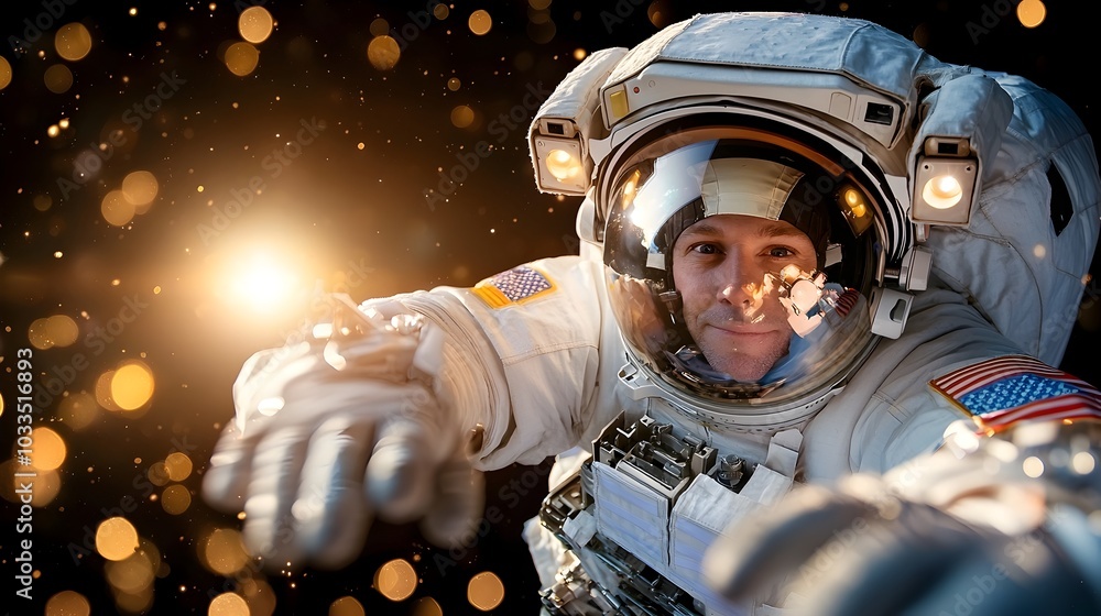 Poster astronaut floating in a space station mesmerized by the shimmering light of a nearby planet visible 