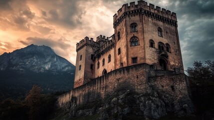 Medieval castle: Ancient castle on mountain, low clouds, and fog. Halloween, fairytale background concept.	
