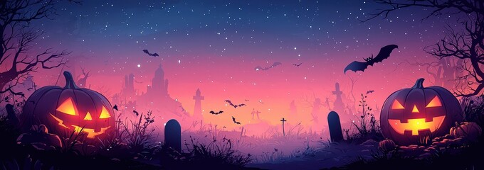 A purple background with cartoon-style Halloween pumpkins and bats. 
