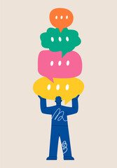 Man carrying colorful speech bubbles. Accept the opinion concept. Colorful vector illustration