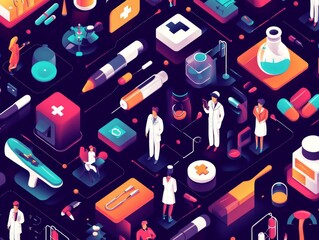 2408 89.A vibrant isometric seamless pattern with 3D medical icons representing doctors, patients, and healthcare tools. The illustrations include arrows pointing through various stages of medical
