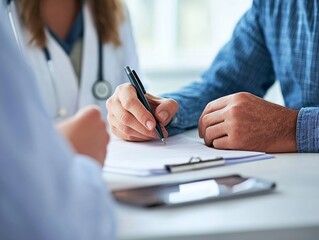 2408 34.In a close-up view, a female doctor is consulting with a male patient wearing a blue shirt, jotting down notes as she listens. The clinic setting provides a clean, bright background,
