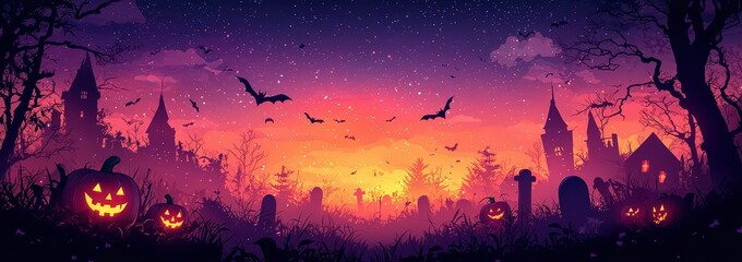 A purple background with Halloween pumpkins, cemeteries, and bats 