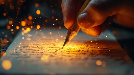 A hand writing on a paper with a pencil, with sparks of light coming from the pencil.