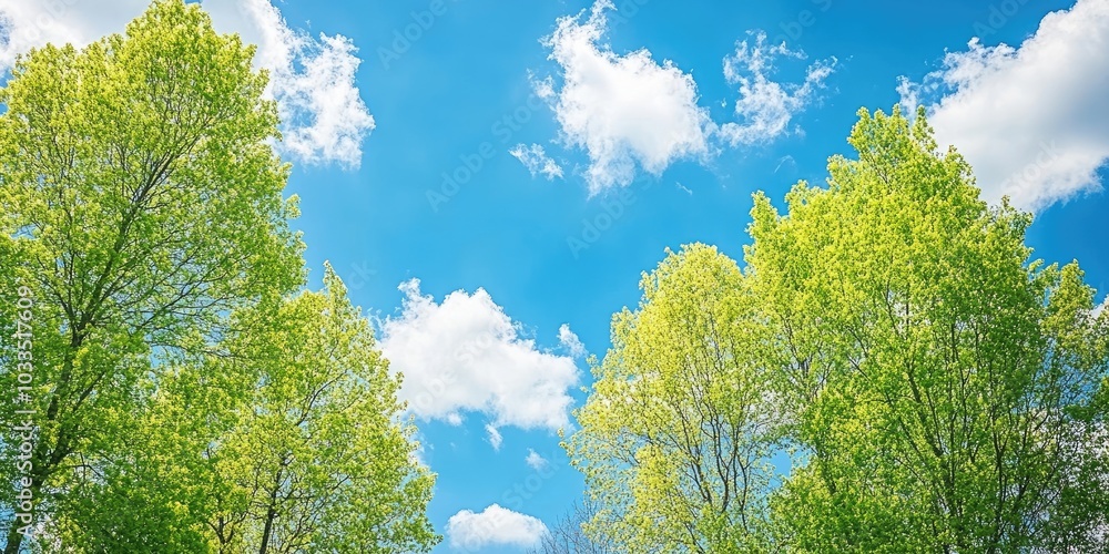 Poster spring scenery. trees with green foliage against a blue sky.