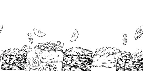 Traditional Japanese food, gunkan inari sushi with raw fish salmon tuna crab, caviar cucumber ginger hand drawn in vector pen and ink. Seamless banner for restaurant, cafe menu, kitchen, recipe book