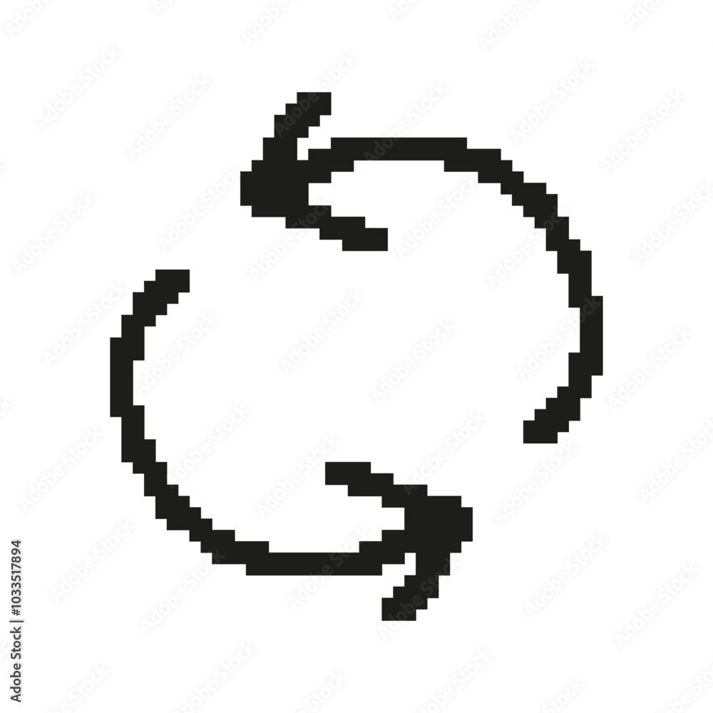 Poster circular arrows icon in pixel art. pixelated design of arrows in a loop for continuous action. isola
