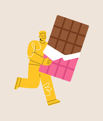 Man holding giant chocolate bar. Colorful vector illustration